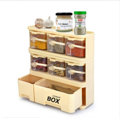 STORAGE BOX AND SPICE RACK ,6 SPICE JARS  WITH SPOONS